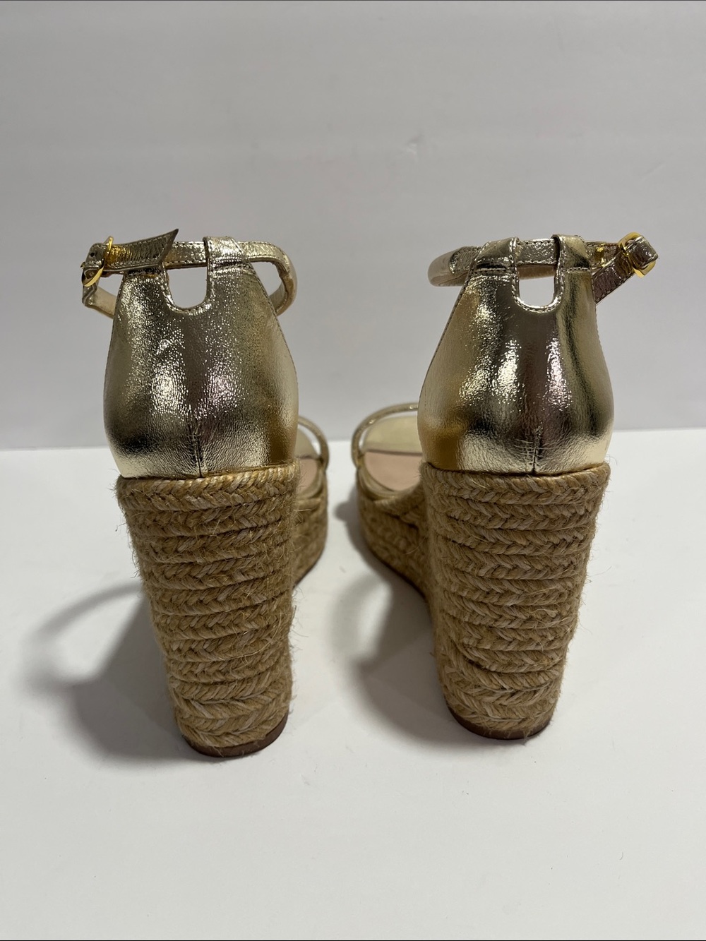 Stuart Weitzman Metallic Gold Espadrille Wedge Sandals Sz 37.5 - Picture 5 of 7